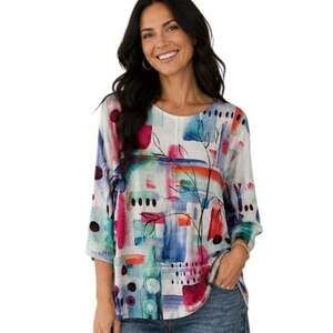 Jess & Jane Poetry Tunic Top Womens Small White Colorful Lagenlook Artsy Flowy